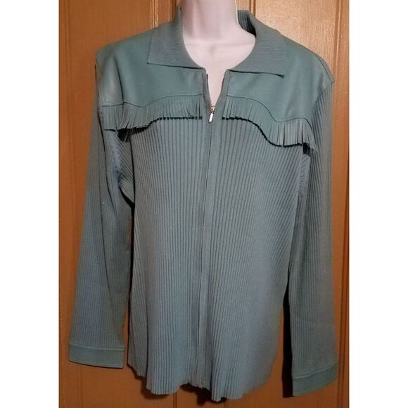 VTG Grand Ole Opry Zip Front Ribbed Cardigan Sweater‎ Faux Leather Fringe 3X New - Picture 1 of 4